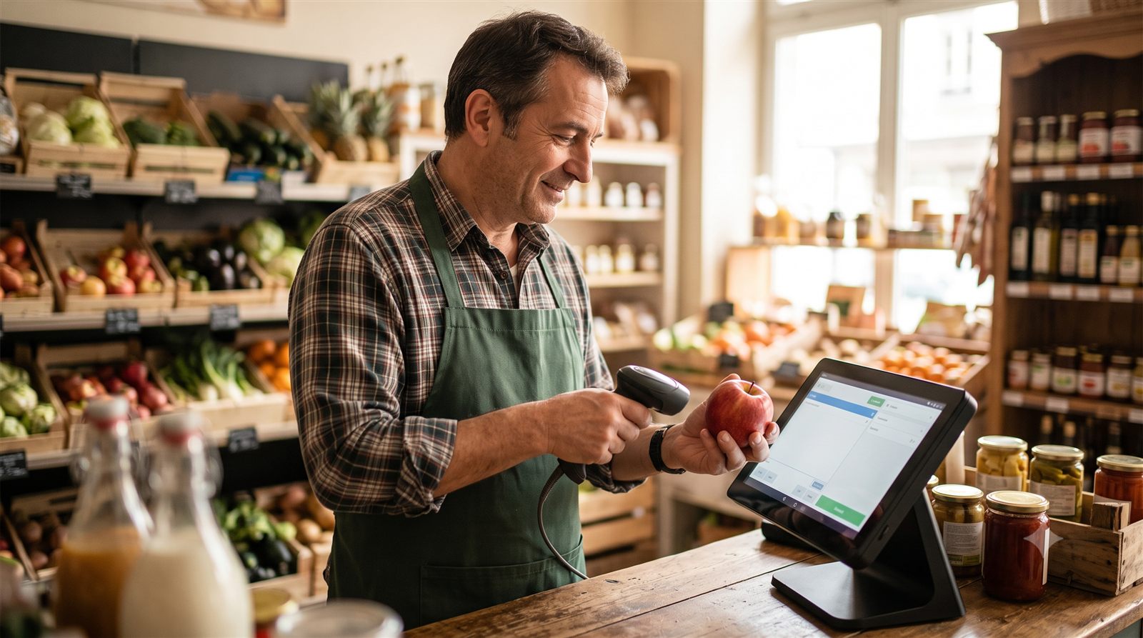Commerçant utilisant Leno POS dans son épicerie