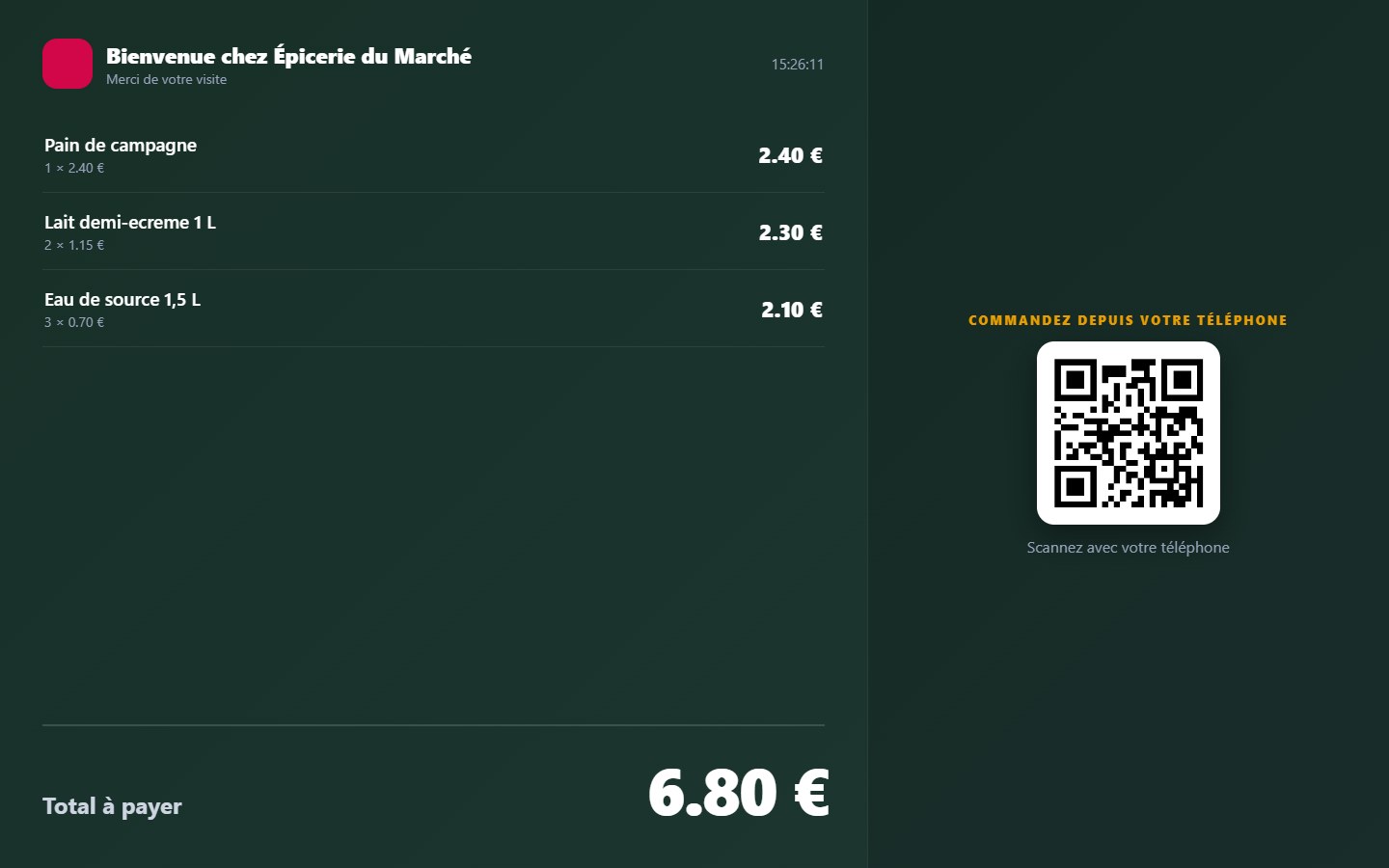 Écran client avec QR code de commande
