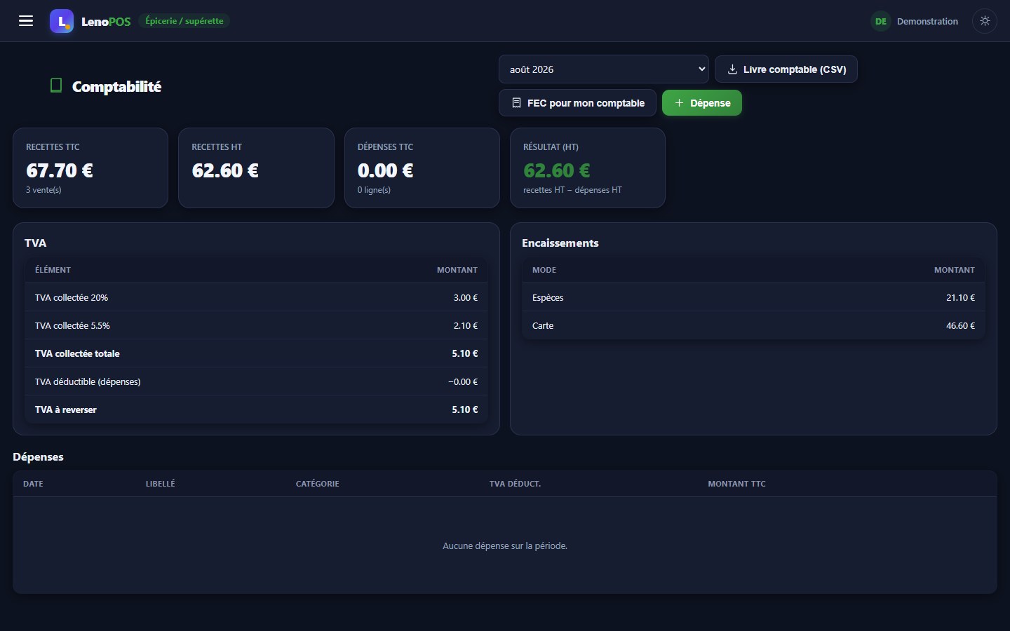 Écran de comptabilité et export FEC de Leno POS